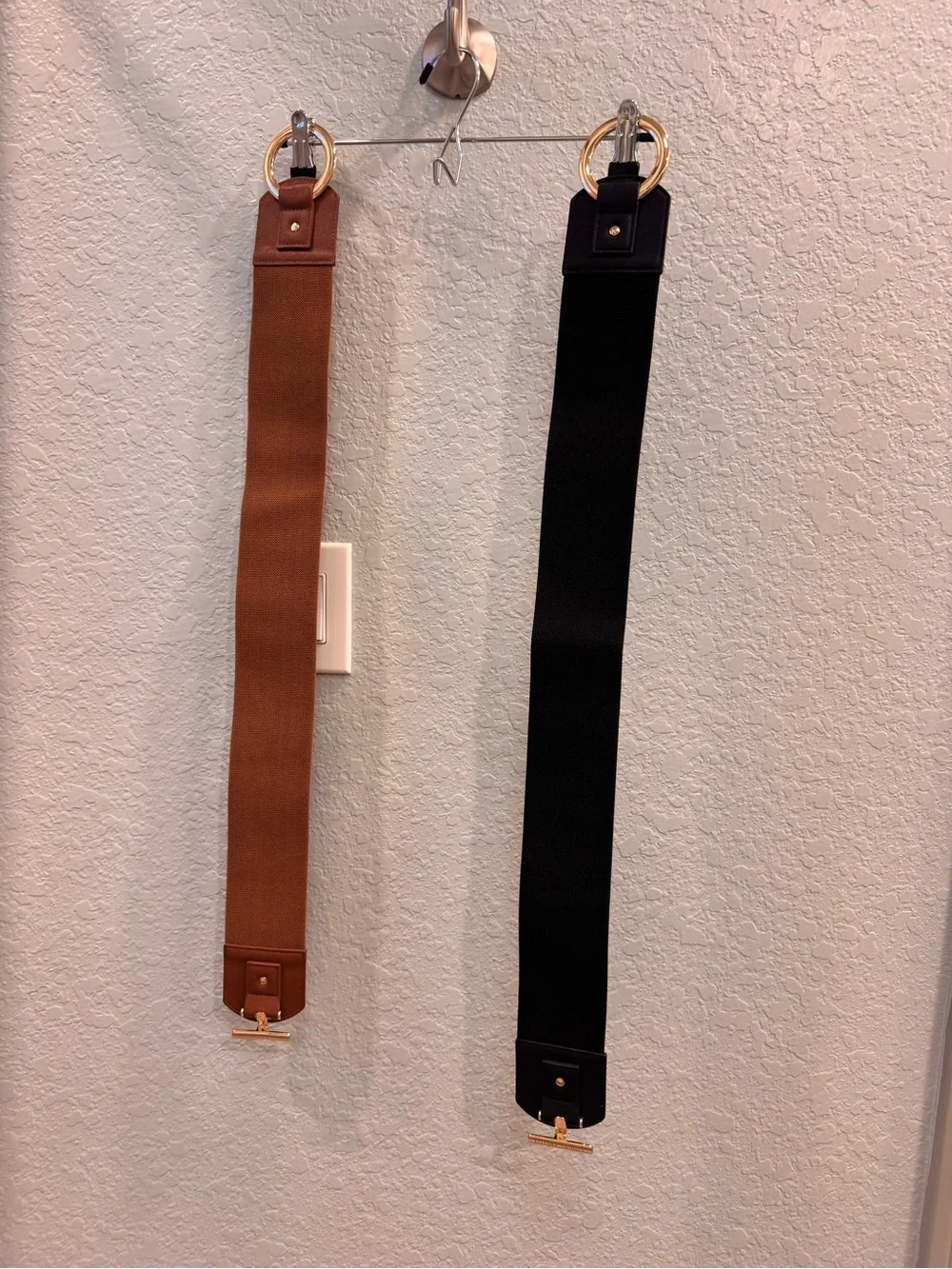 Vince Camuto Circle & Bar Interlocking Belts x2: Brown/Gold & Black/Gold